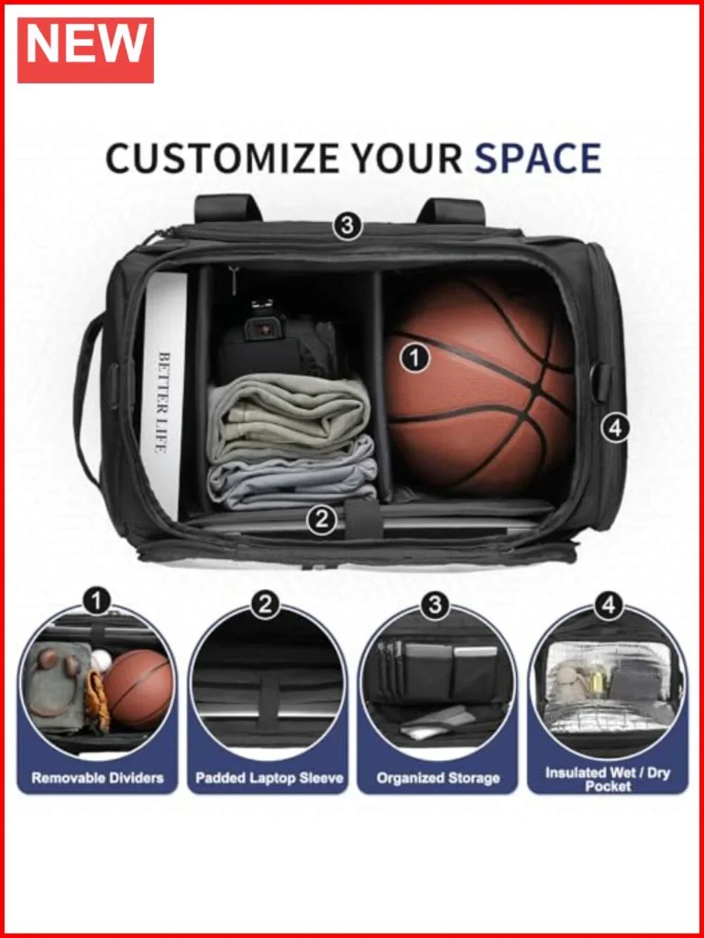 38L Convertible Duffel Backpack with Laptop Sleeve, Wet Pockets & Insulated